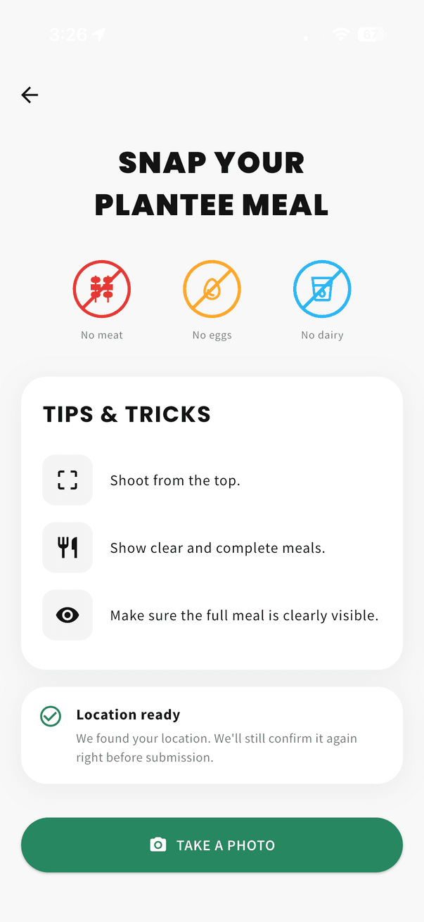 Snapping a plant-based meal in the Plantee app