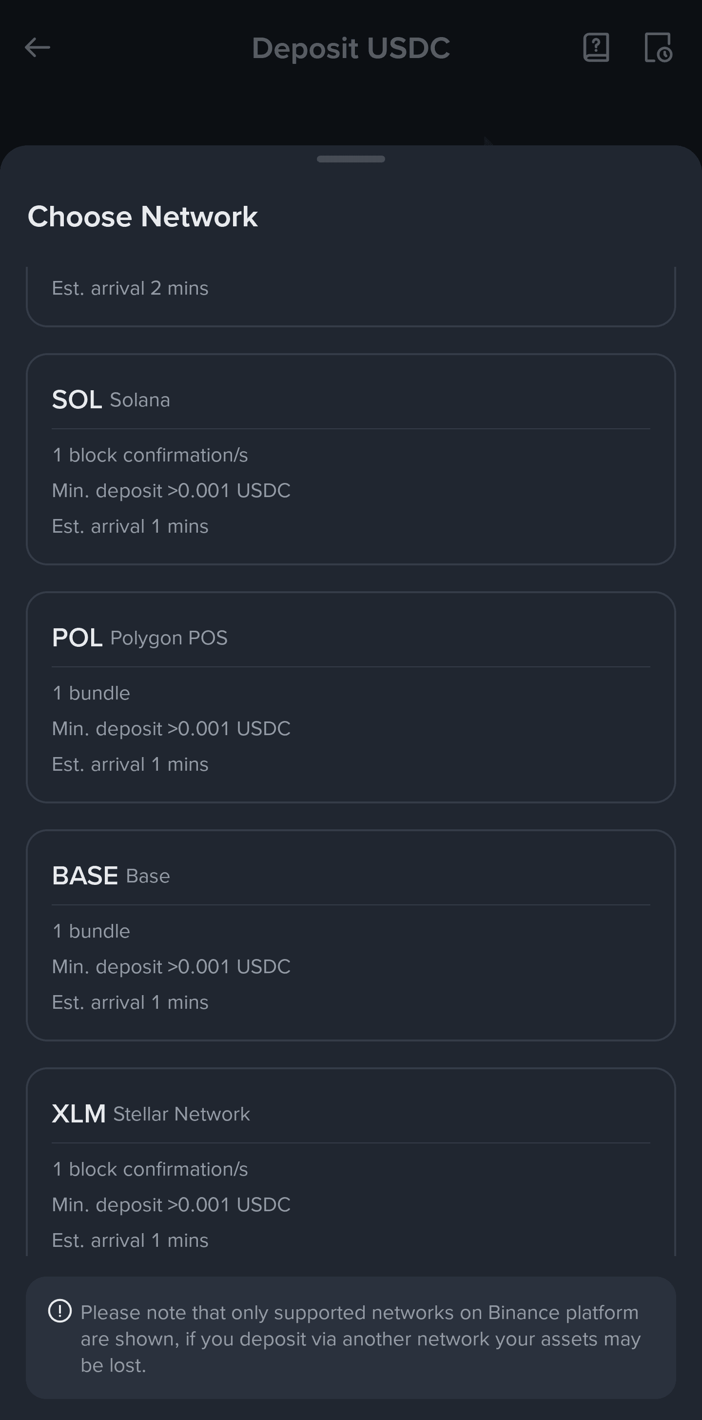 Binance network selection screen showing Base as one of the available options.